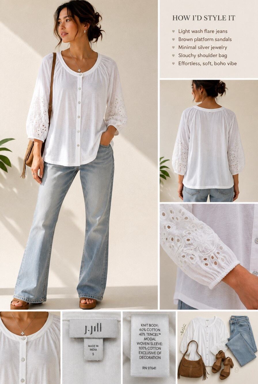J.Jill White Eyelet Sleeve Button Front Blouse Size S Cottagecore Boho Prairie